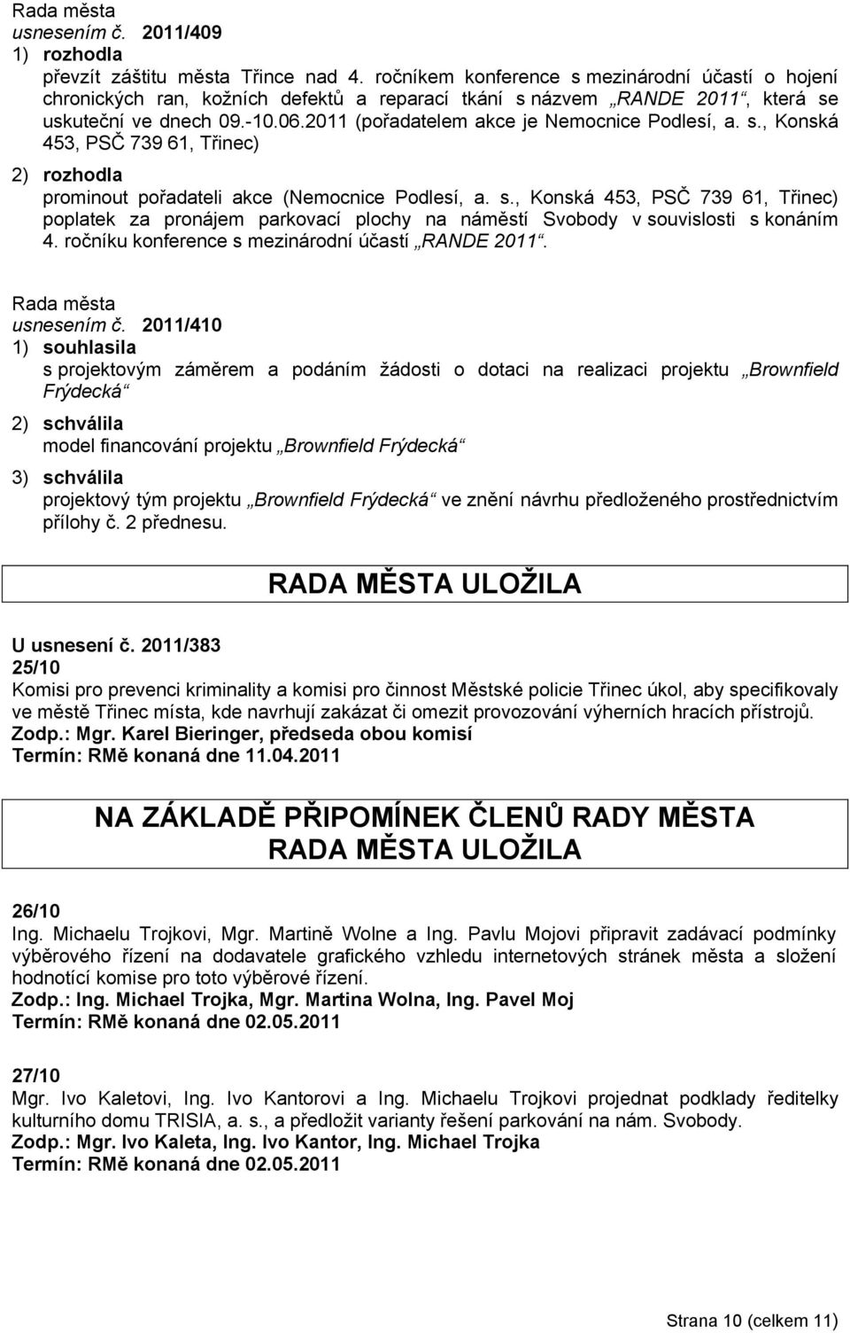 2011 (pořadatelem akce je Nemocnice Podlesí, a. s., Konská 453, PSČ 739 61, Třinec) prominout pořadateli akce (Nemocnice Podlesí, a. s., Konská 453, PSČ 739 61, Třinec) poplatek za pronájem parkovací plochy na náměstí Svobody v souvislosti s konáním 4.