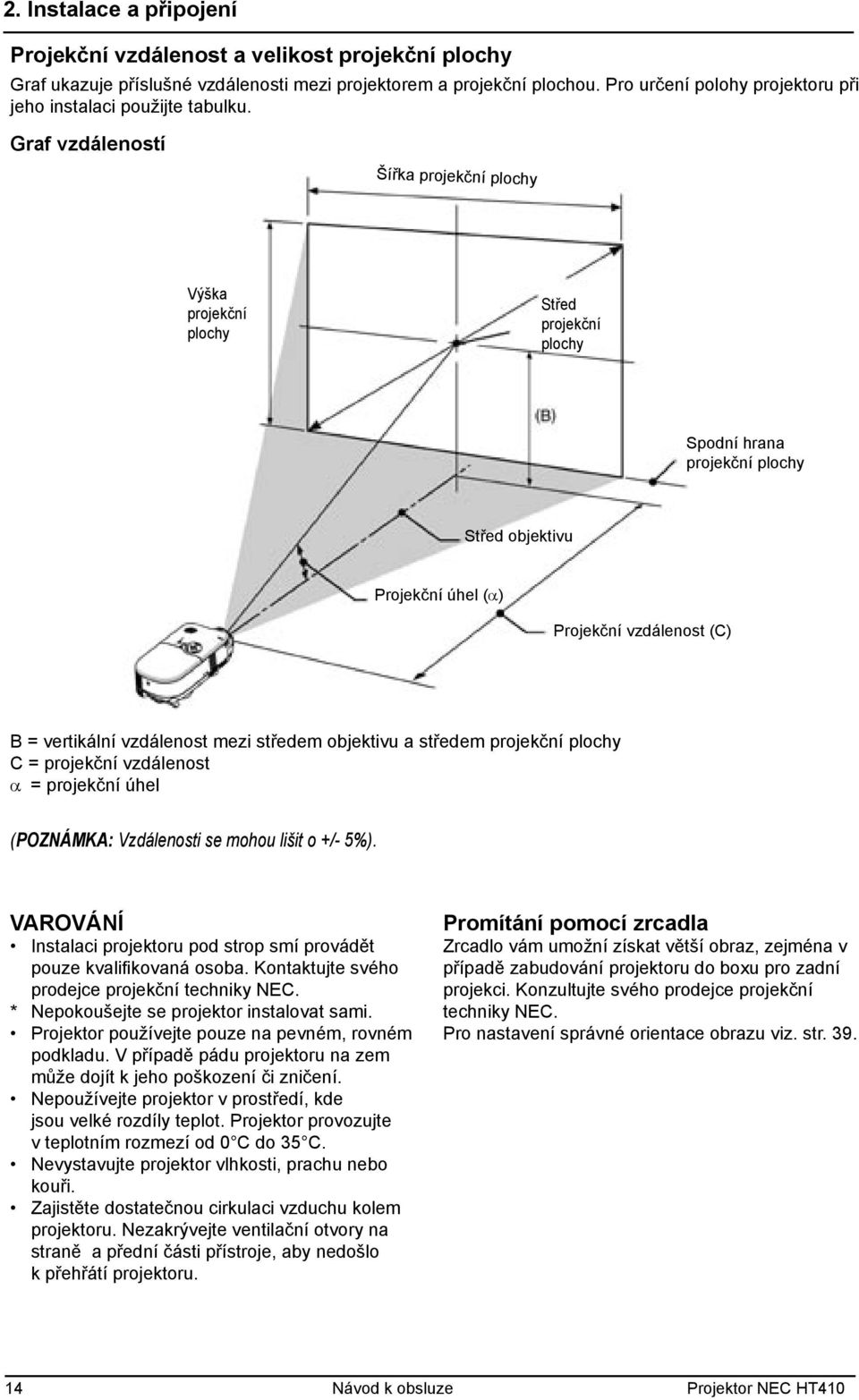 Graf vzdáleností Šířka projekční plochy Výška projekční plochy Střed projekční plochy Spodní hrana projekční plochy Střed objektivu Projekční úhel (α) Projekční vzdálenost (C) B = vertikální