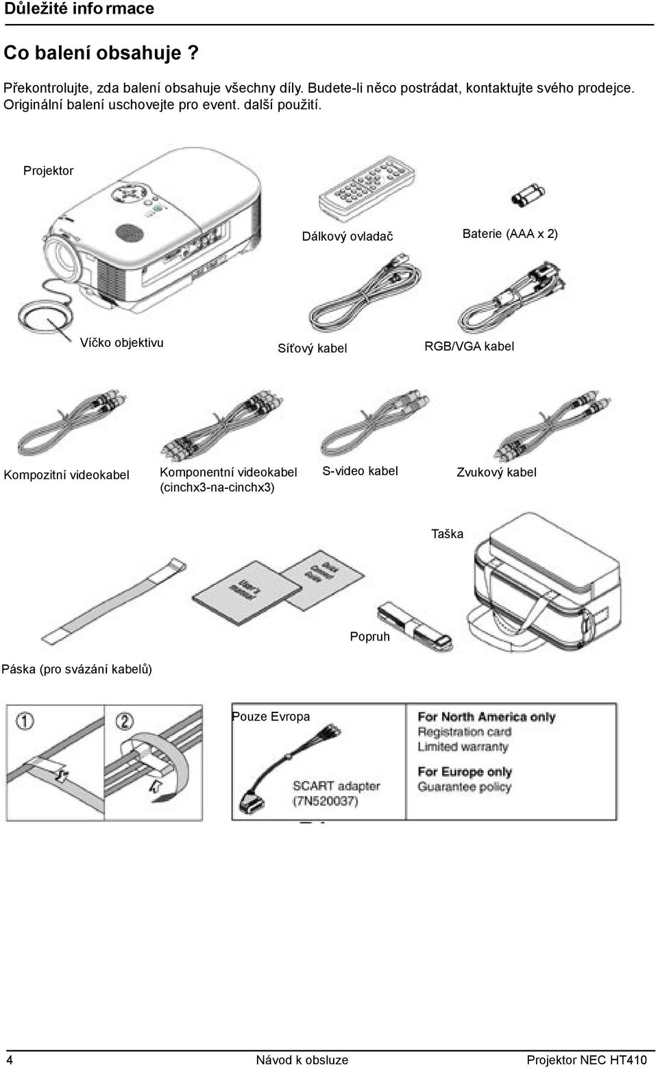 Projektor Dálkový ovladač Baterie (AAA x 2) Víčko objektivu Síťový kabel RGB/VGA kabel Kompozitní videokabel