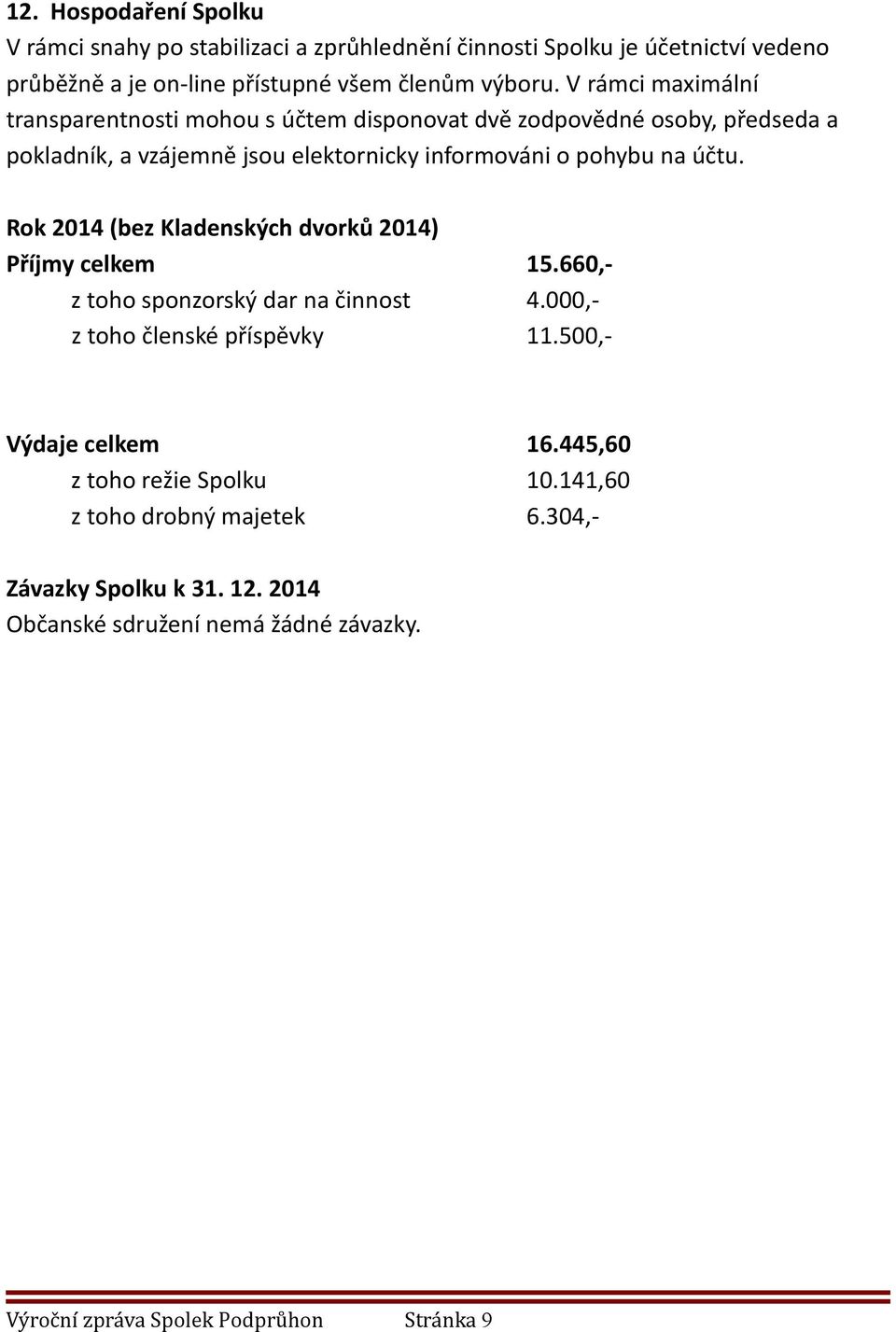 V rámci maximální transparentnosti mohou s účtem disponovat dvě zodpovědné osoby, předseda a pokladník, a vzájemně jsou elektornicky informováni o pohybu