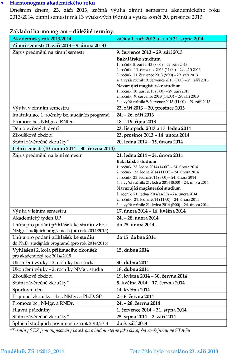 července 2013 29. září 2013 Bakalářské studium 1. ročník: 5. září 2013 (8:00) 29. září 2013 2. ročník: 11. července 2013 (11:00) 29. září 2013 3. ročník: 11. července 2013 (8:00) 29. září 2013 4.