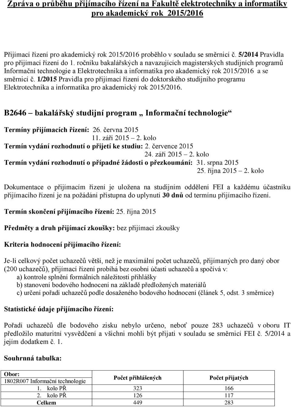 ročníku bakalářských a navazujících magisterských studijních programů Informační technologie a Elektrotechnika a informatika pro akademický rok 2015/2016 a se směrnicí č.