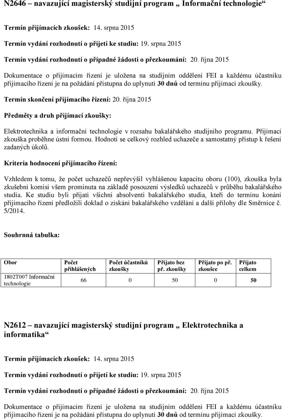 října 2015 Předměty a druh přijímací zkoušky: Elektrotechnika a informační technologie v rozsahu bakalářského studijního programu. Přijímací zkouška proběhne ústní formou.