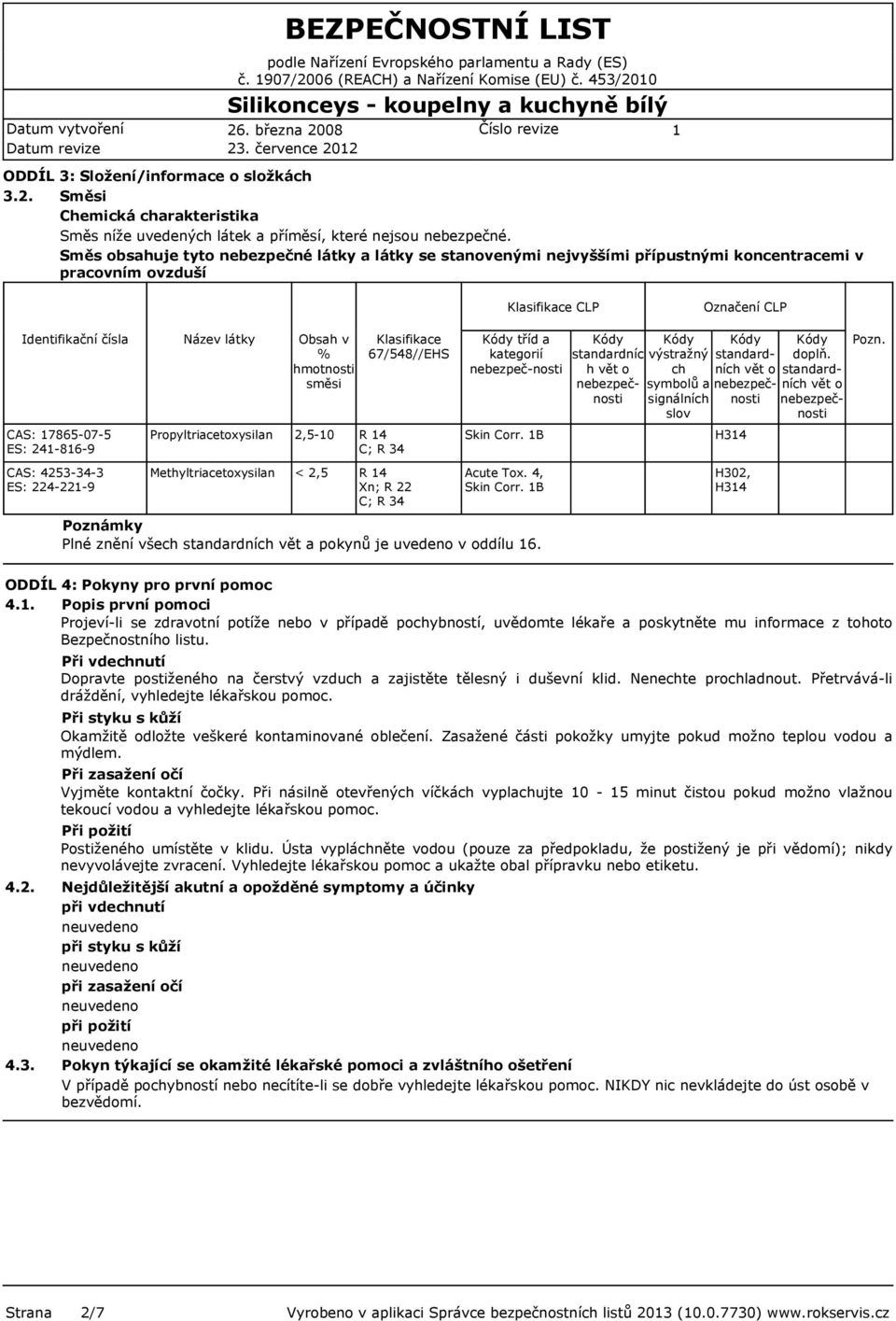 4253-34-3 ES: 224-22-9 Název látky Propyltriacetoxysilan Methyltriacetoxysilan Obsah v % hmotnosti směsi 2,5-0 < 2,5 Klasifikace 67/548//EHS R 4 C; R 34 R 4 Xn; R 22 C; R 34 tříd a kategorií