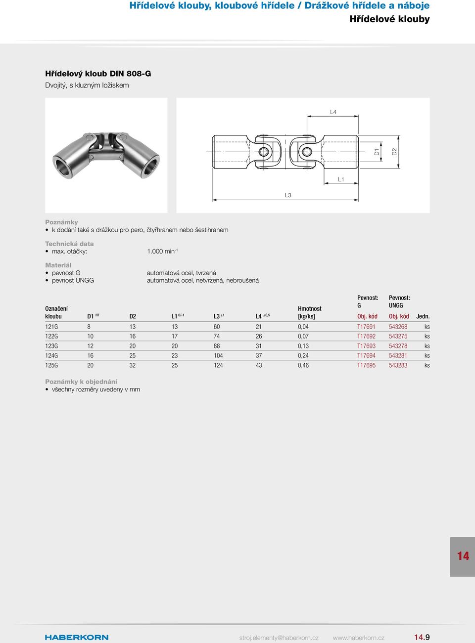 000 min -1 pevnost G pevnost UNGG automatová ocel, tvrzená automatová ocel, netvrzená, nebroušená Hmotnost kloubu H7 L1 0/-1 L3 ±1 L4 ±0,5 [kg/ks]