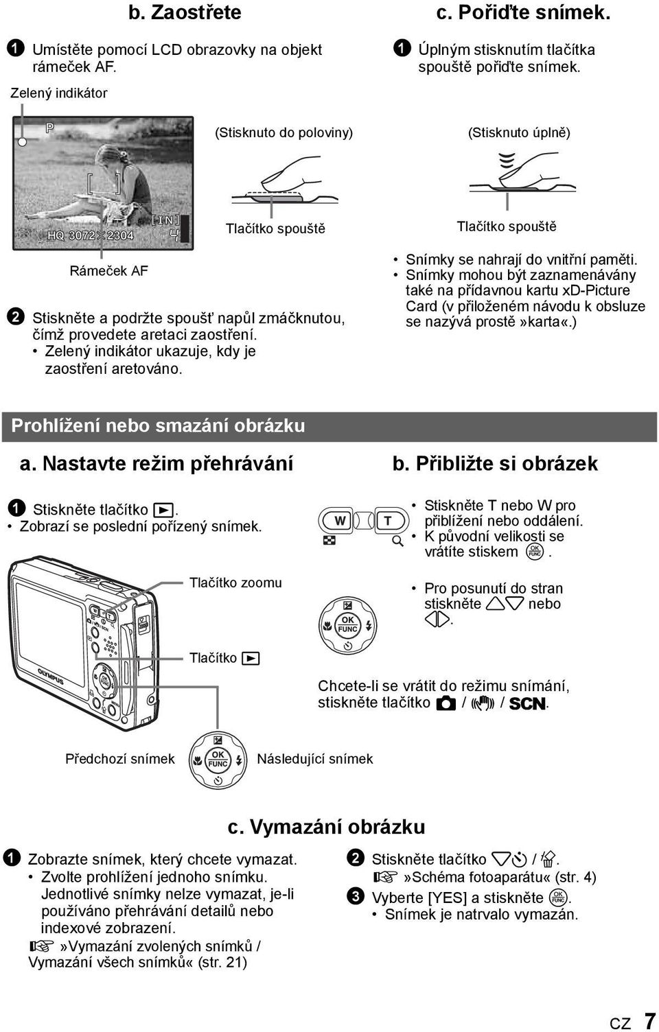 Zelený indikátor ukazuje, kdy je zaostření aretováno. Tlačítko spouště Snímky se nahrají do vnitřní paměti.