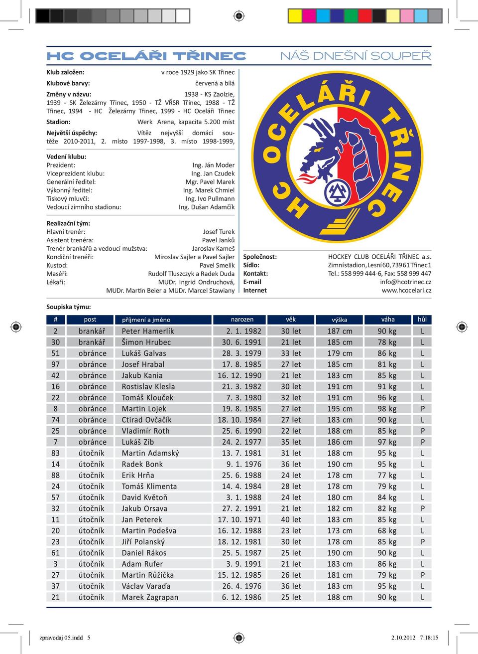 místo 1998-1999, NÁŠ DNEŠNÍ SOUPEŘ Vedení klubu: Prezident: Viceprezident klubu: Generální ředitel: Výkonný ředitel: Tiskový mluvčí: Vedoucí zimního stadionu: Ing. Ján Moder Ing. Jan Czudek Mgr.