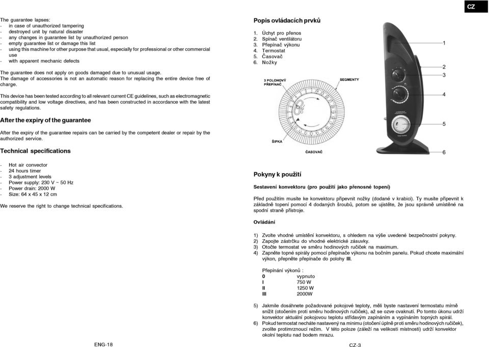 Spínač ventilátoru 3. Přepínač výkonu 4. Termostat 5. Časovač 6. Nožky The guarantee does not apply on goods damaged due to unusual usage.
