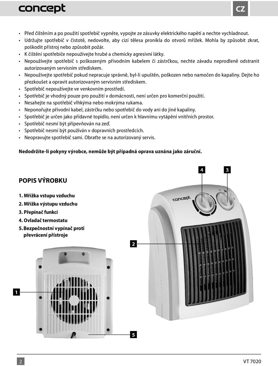 Nedodržíte-li pokyny výrobce, nemůže být případná oprava uznána jako záruční. POPIS VÝROBKU 4 3 1.