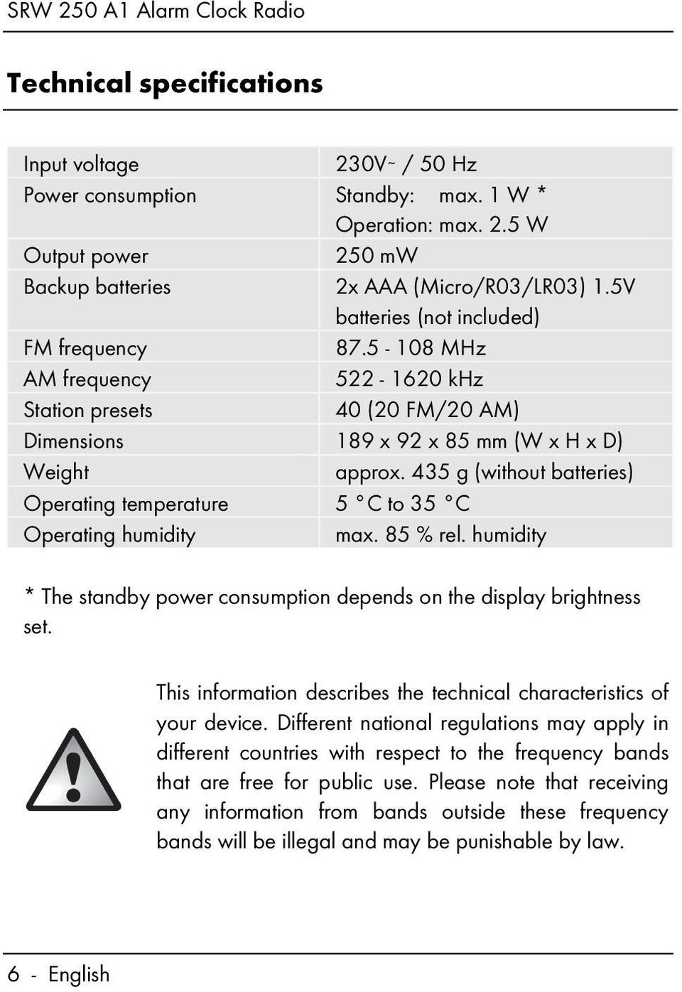 435 g (without batteries) Operating temperature 5 C to 35 C Operating humidity max. 85 % rel. humidity * The standby power consumption depends on the display brightness set.