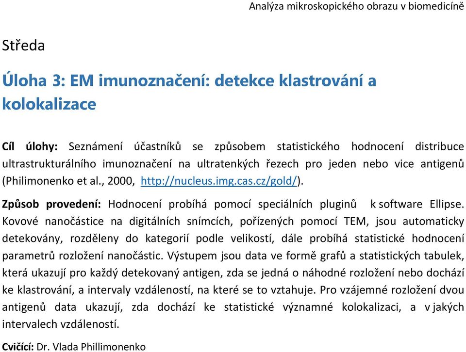 Kovové nanočástice na digitálních snímcích, pořízených pomocí TEM, jsou automaticky detekovány, rozděleny do kategorií podle velikostí, dále probíhá statistické hodnocení parametrů rozložení