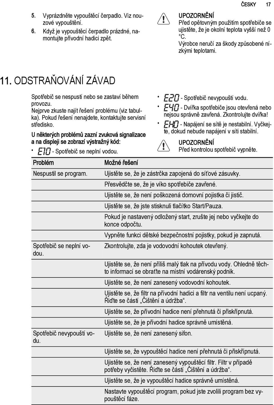 ODSTRAŇOVÁNÍ ZÁVAD Spotřebič se nespustí nebo se zastaví během provozu. Nejprve zkuste najít řešení problému (viz tabulka). Pokud řešení nenajdete, kontaktujte servisní středisko.