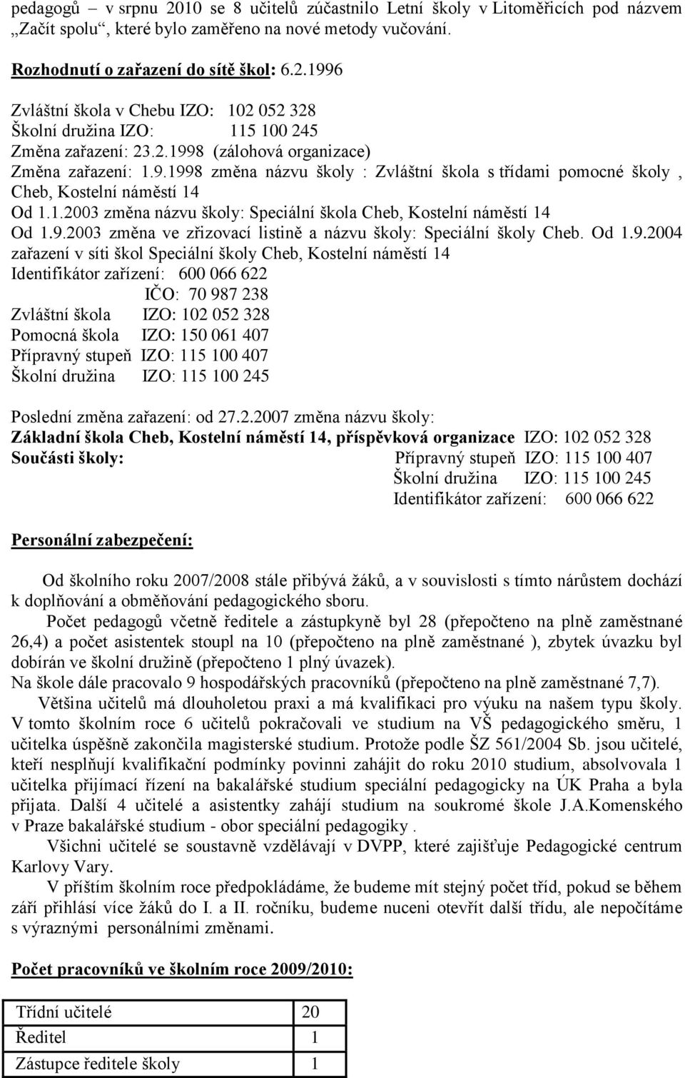 9.2003 změna ve zřizovací listině a názvu školy: Speciální školy Cheb. Od 1.9.2004 zařazení v síti škol Speciální školy Cheb, Kostelní náměstí 14 Identifikátor zařízení: 600 066 622 IČO: 70 987 238