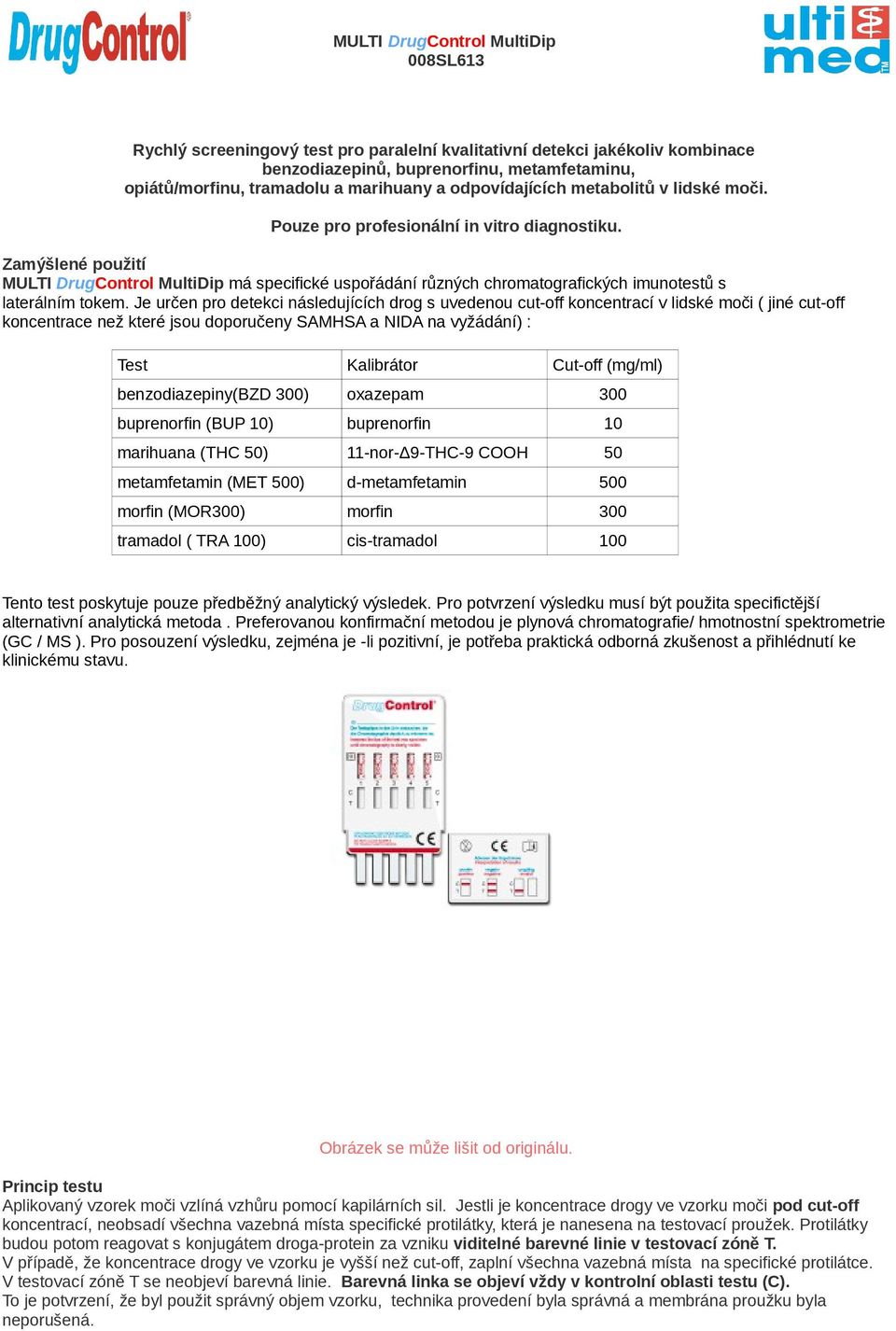 Je určen pro detekci následujících drog s uvedenou cut-off koncentrací v lidské moči ( jiné cut-off koncentrace než které jsou doporučeny SAMHSA a NIDA na vyžádání) : Test Kalibrátor Cut-off (mg/ml)