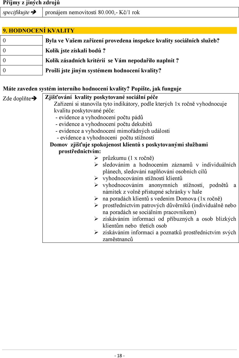 Popište, jak funguje Zde doplňte Zjišťování kvality poskytované sociální péče Zařízení si stanovila tyto indikátory, podle kterých 1x ročně vyhodnocuje kvalitu poskytované péče: - evidence a