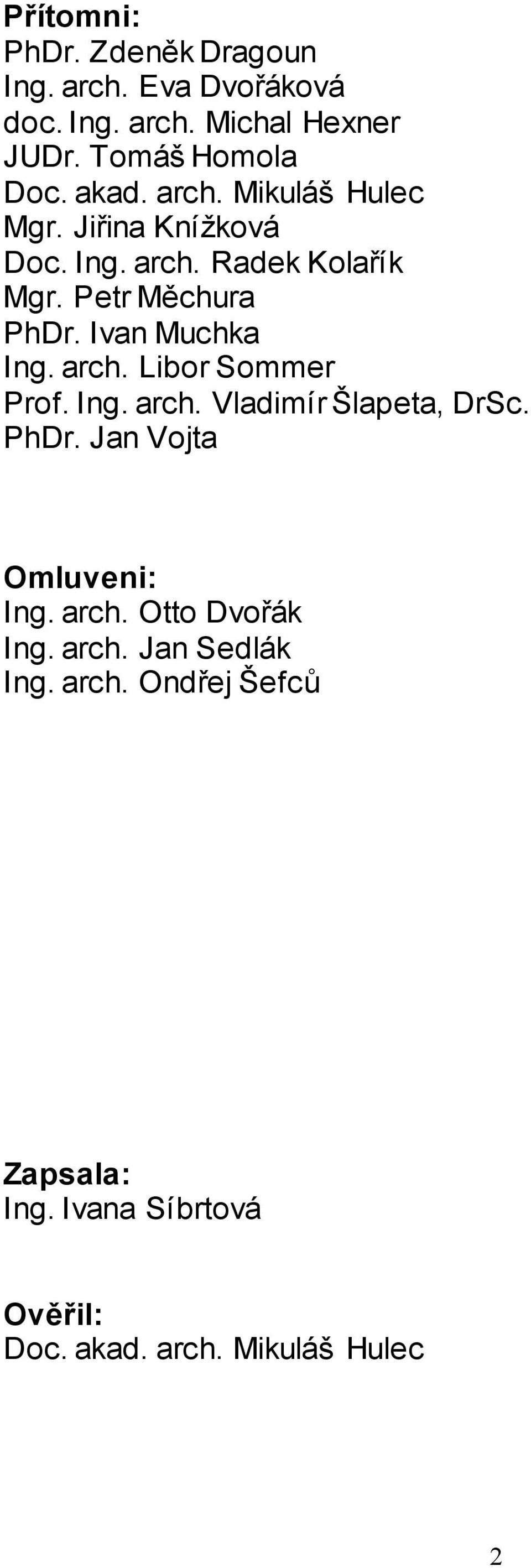 Ivan Muchka Ing. arch. Libor Sommer Prof. Ing. arch. Vladimír Šlapeta, DrSc. PhDr. Jan Vojta Omluveni: Ing. arch. Otto Dvořák Ing.