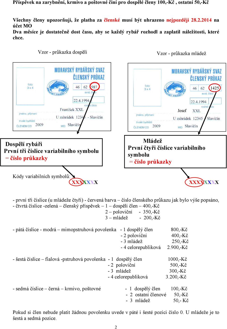 Vzor - průkazka dospělí Vzor - průkazka mládež 1425 Josef Dospělí rybáři První tři číslice variabilního symbolu = číslo průkazky Kódy variabilních symbolů: XXXXXXX Mládež První čtyři číslice