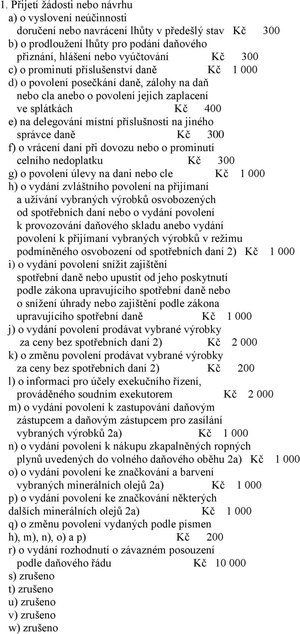 daně Kč 300 f) o vrácení daní při dovozu nebo o prominutí celního nedoplatku Kč 300 g) o povolení úlevy na dani nebo cle Kč 1 000 h) o vydání zvláštního povolení na přijímaní a užívání vybraných