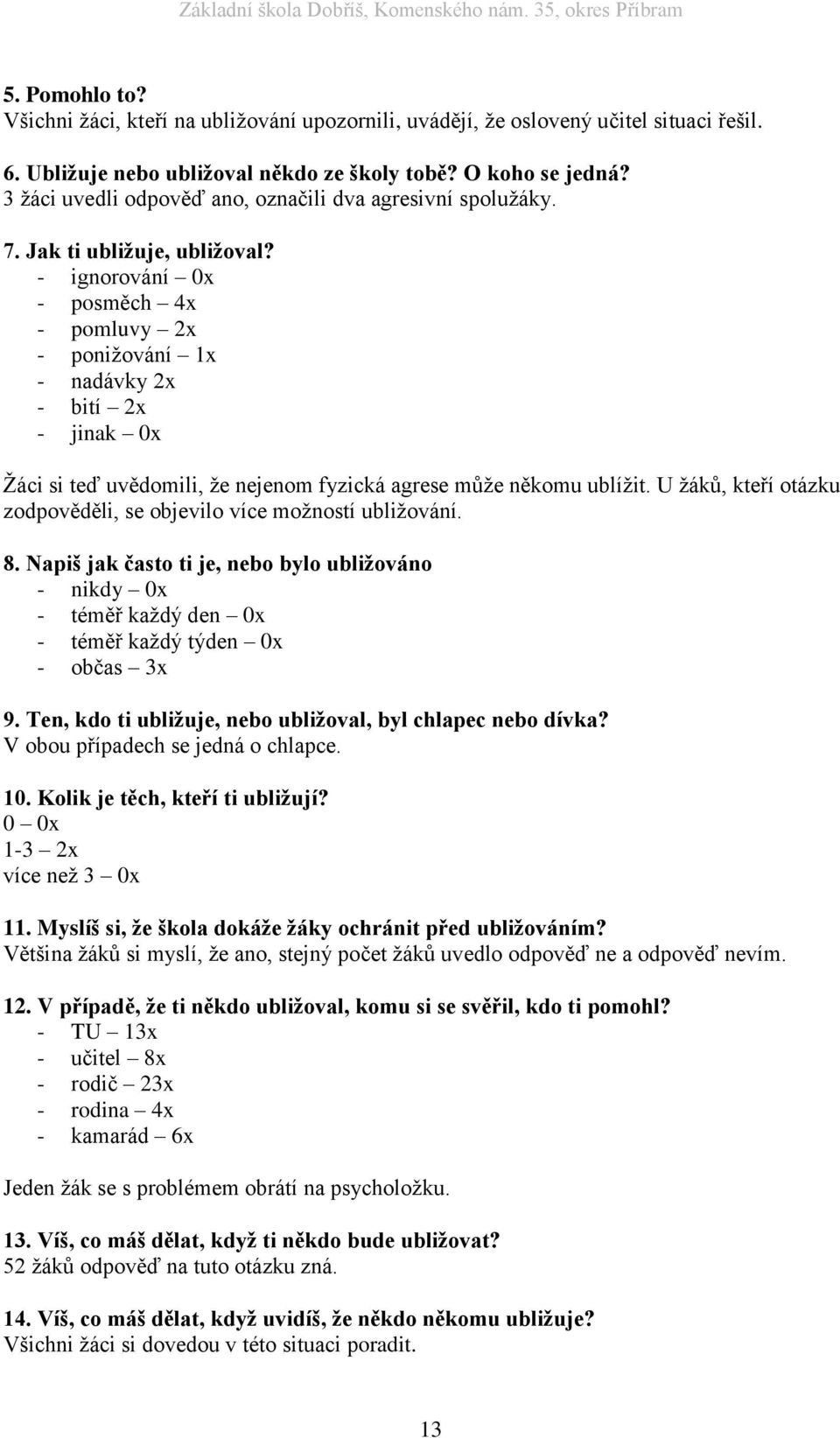 - ignorování 0x - posměch 4x - pomluvy 2x - ponižování 1x - nadávky 2x - bití 2x - jinak 0x Žáci si teď uvědomili, že nejenom fyzická agrese může někomu ublížit.