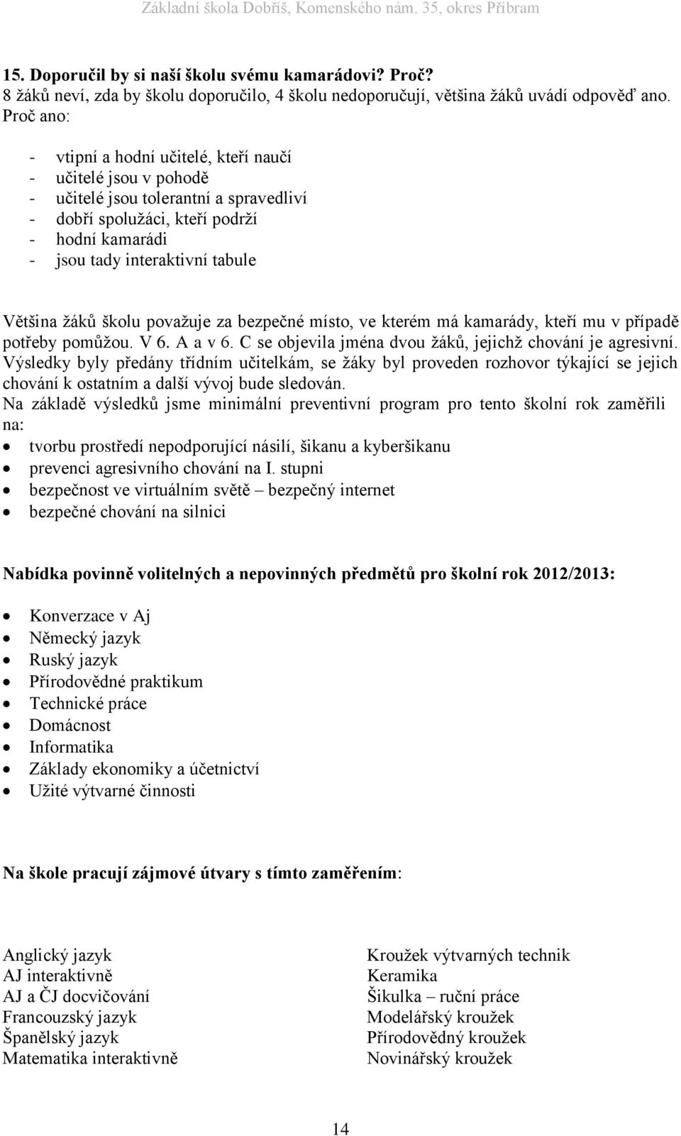 Většina žáků školu považuje za bezpečné místo, ve kterém má kamarády, kteří mu v případě potřeby pomůžou. V 6. A a v 6. C se objevila jména dvou žáků, jejichž chování je agresivní.