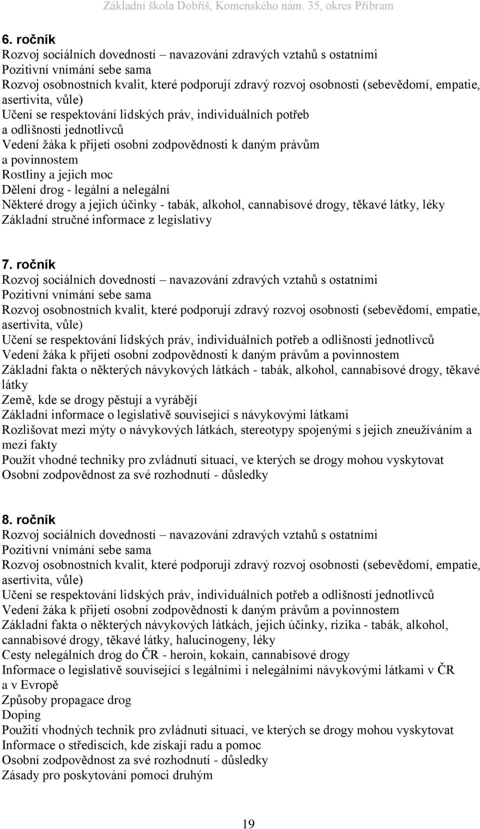 Dělení drog - legální a nelegální Některé drogy a jejich účinky - tabák, alkohol, cannabisové drogy, těkavé látky, léky Základní stručné informace z legislativy 7.