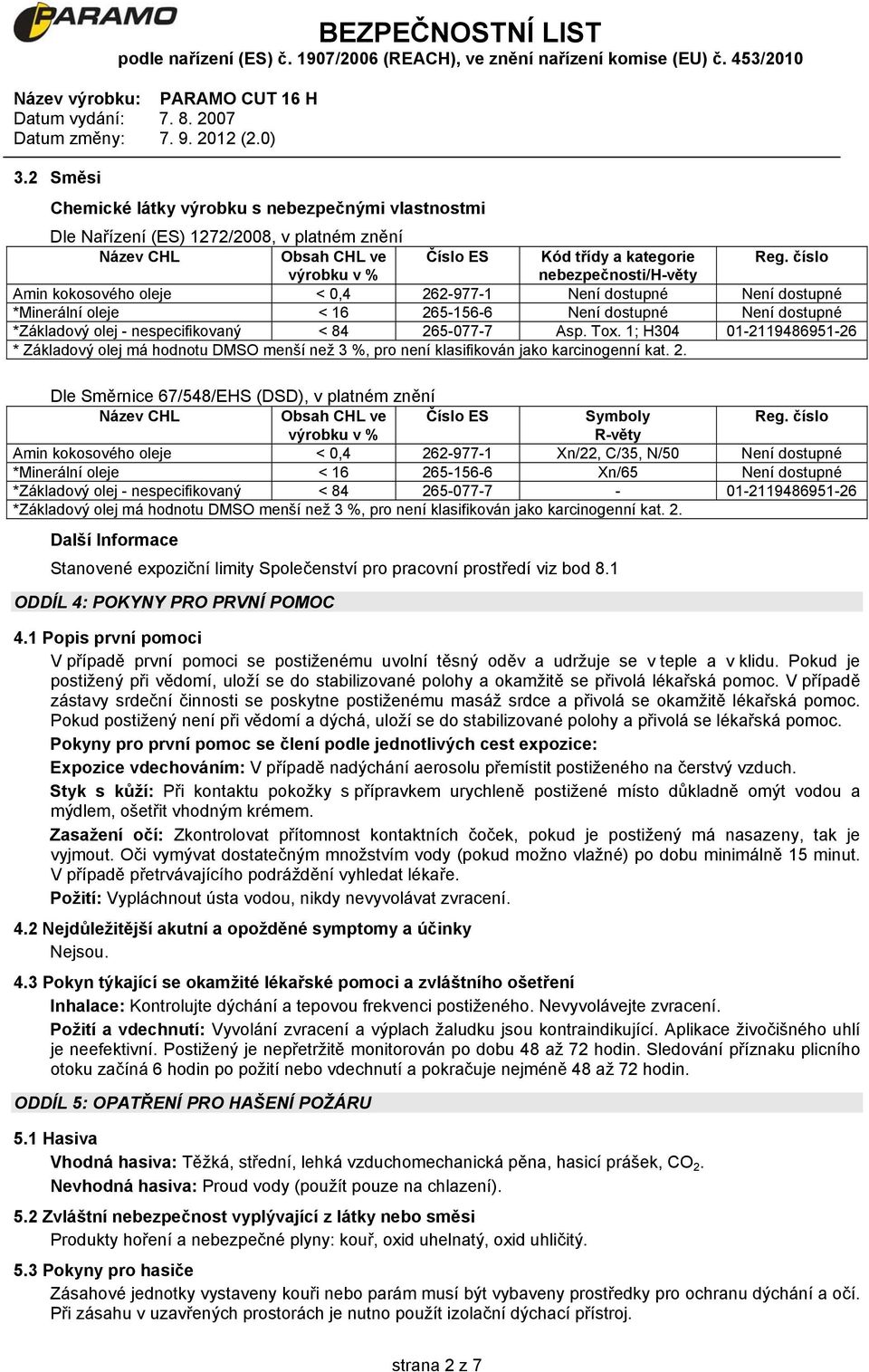 < 84 265-077-7 Asp. Tox. 1; H304 01-2119486951-26 * Základový olej má hodnotu DMSO menší než 3 %, pro není klasifikován jako karcinogenní kat. 2. Dle Směrnice 67/548/EHS (DSD), v platném znění Název CHL Obsah CHL ve Číslo ES Symboly Reg.