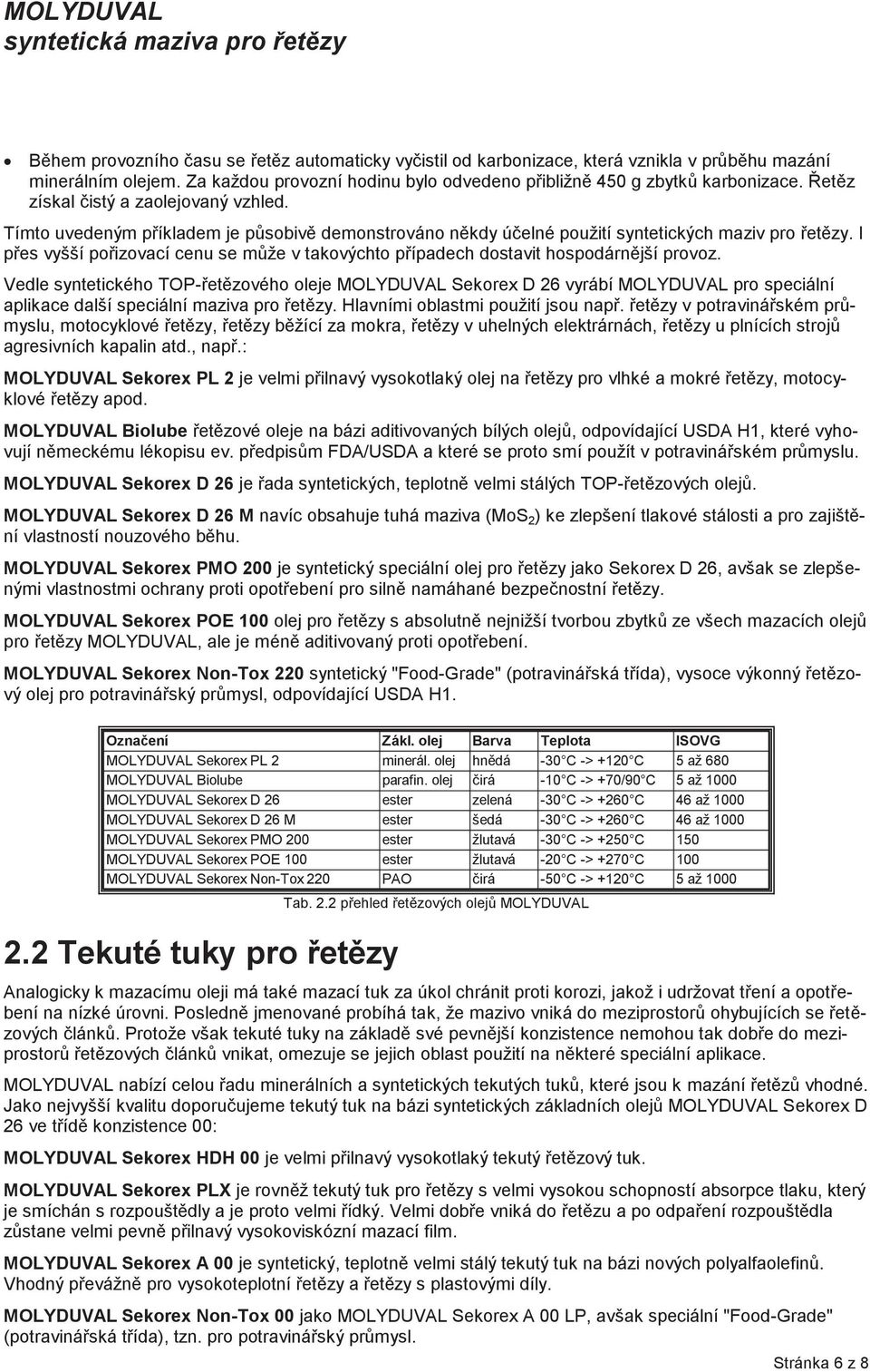 Vedle syntetického TOP- etzového oleje MOLYDUVAL 26 vyrábí MOLYDUVAL pro speciální aplikace další speciální maziva pro etzy. Hlavními oblastmi použití jsou nap. etzy v potraviná ském pr!