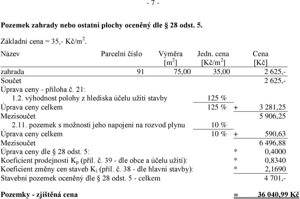 11. pozemek s možností jeho napojení na rozvod plynu 10 % Úprava ceny celkem 10 % + 590,63 Mezisoučet 6 496,88 Úprava ceny dle 28 odst. 5: * 0,4000 Koeficient prodejnosti K p (příl. č.