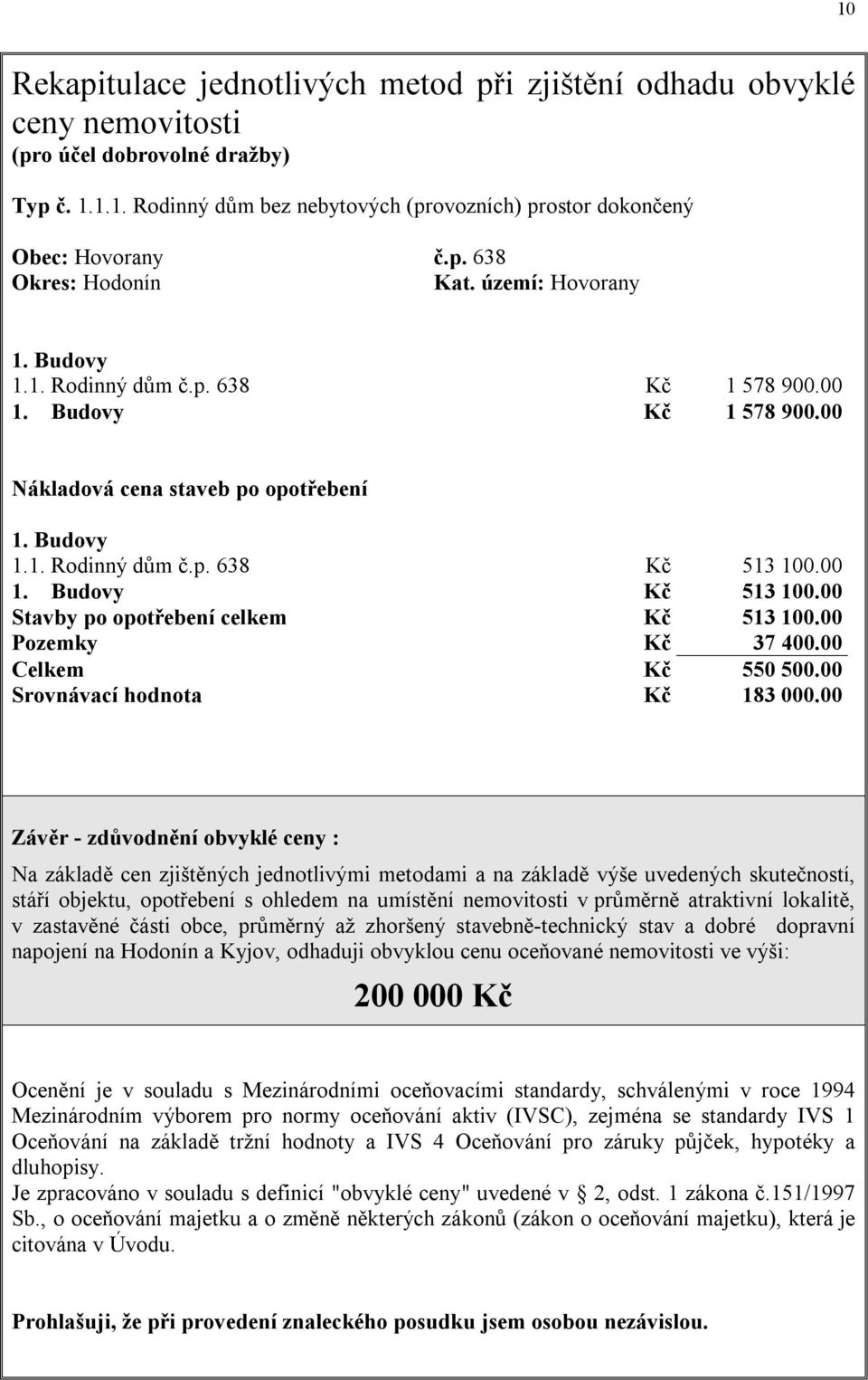 00 Stavby po opotřebení celkem Kč 513 100.00 Pozemky Kč 37 400.00 Celkem Kč 550 500.00 Srovnávací hodnota Kč 183 000.