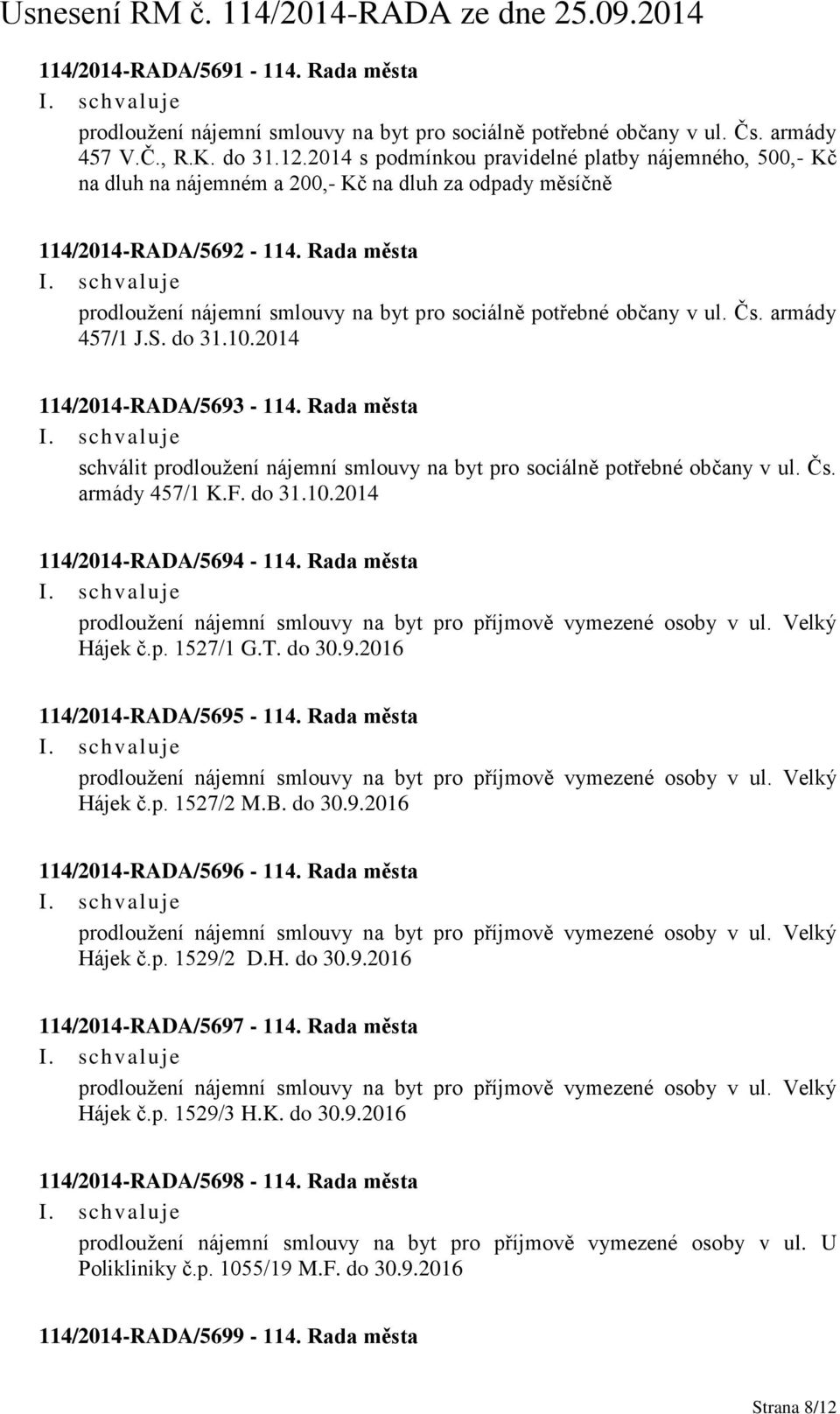 Rada města prodloužení nájemní smlouvy na byt pro sociálně potřebné občany v ul. Čs. armády 457/1 J.S. do 31.10.2014 114/2014-RADA/5693-114.