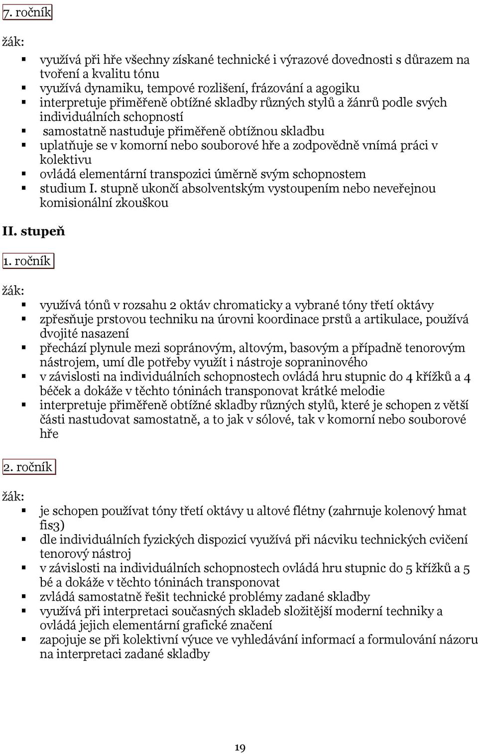 ovládá elementární transpozici úměrně svým schopnostem studium I. stupně ukončí absolventským vystoupením nebo neveřejnou komisionální zkouškou II. stupeň 1.