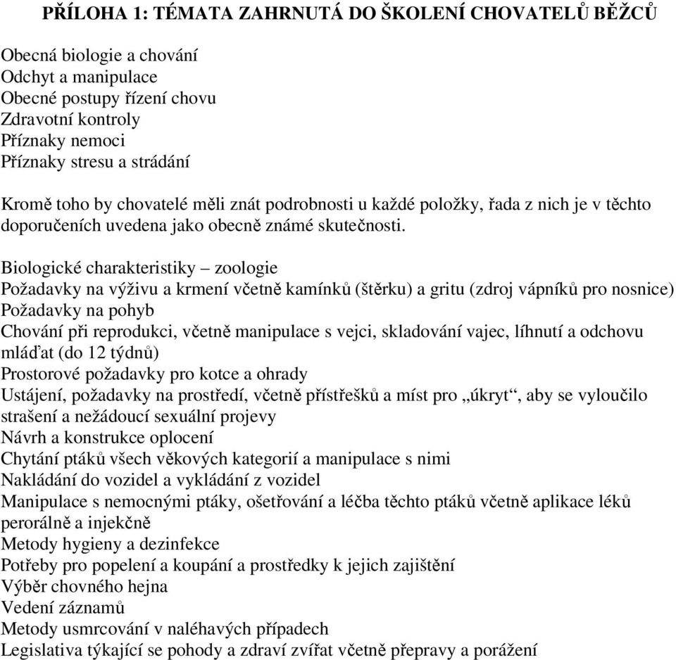 Biologické charakteristiky zoologie Požadavky na výživu a krmení včetně kamínků (štěrku) a gritu (zdroj vápníků pro nosnice) Požadavky na pohyb Chování při reprodukci, včetně manipulace s vejci,