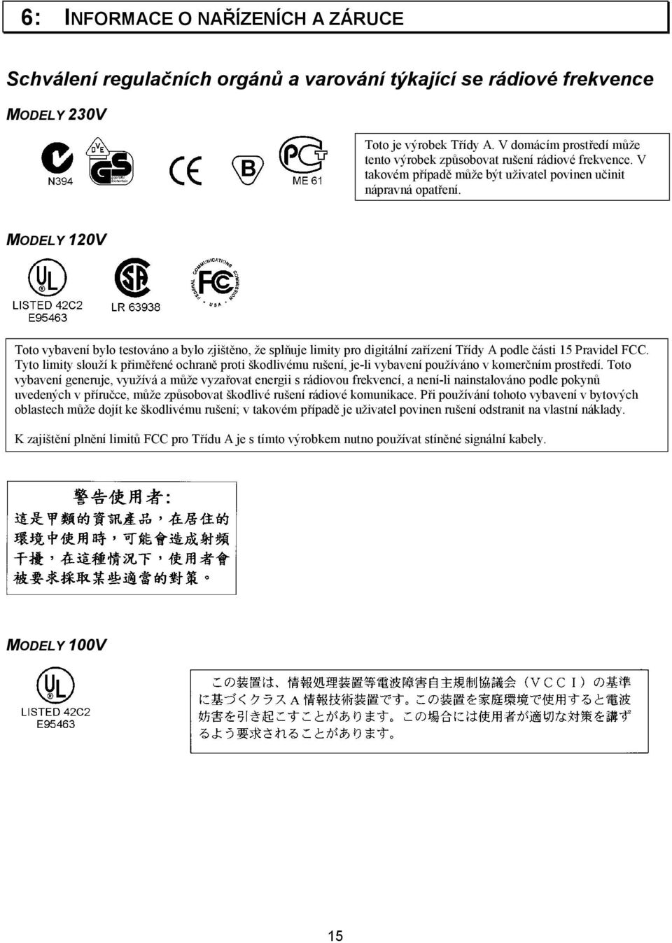MODELY 120V Toto vybavení bylo testováno a bylo zjištěno, že splňuje limity pro digitální zařízení Třídy A podle části 15 Pravidel FCC.