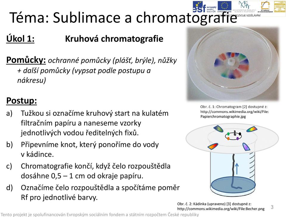 c) Chromatografie končí, když čelo rozpouštědla dosáhne 0,5 1 cm od okraje papíru. d) Označíme čelo rozpouštědla a spočítáme poměr Rf pro jednotlivé barvy. Obr. č. 1: Chromatogram [2] dostupné z: http://commons.