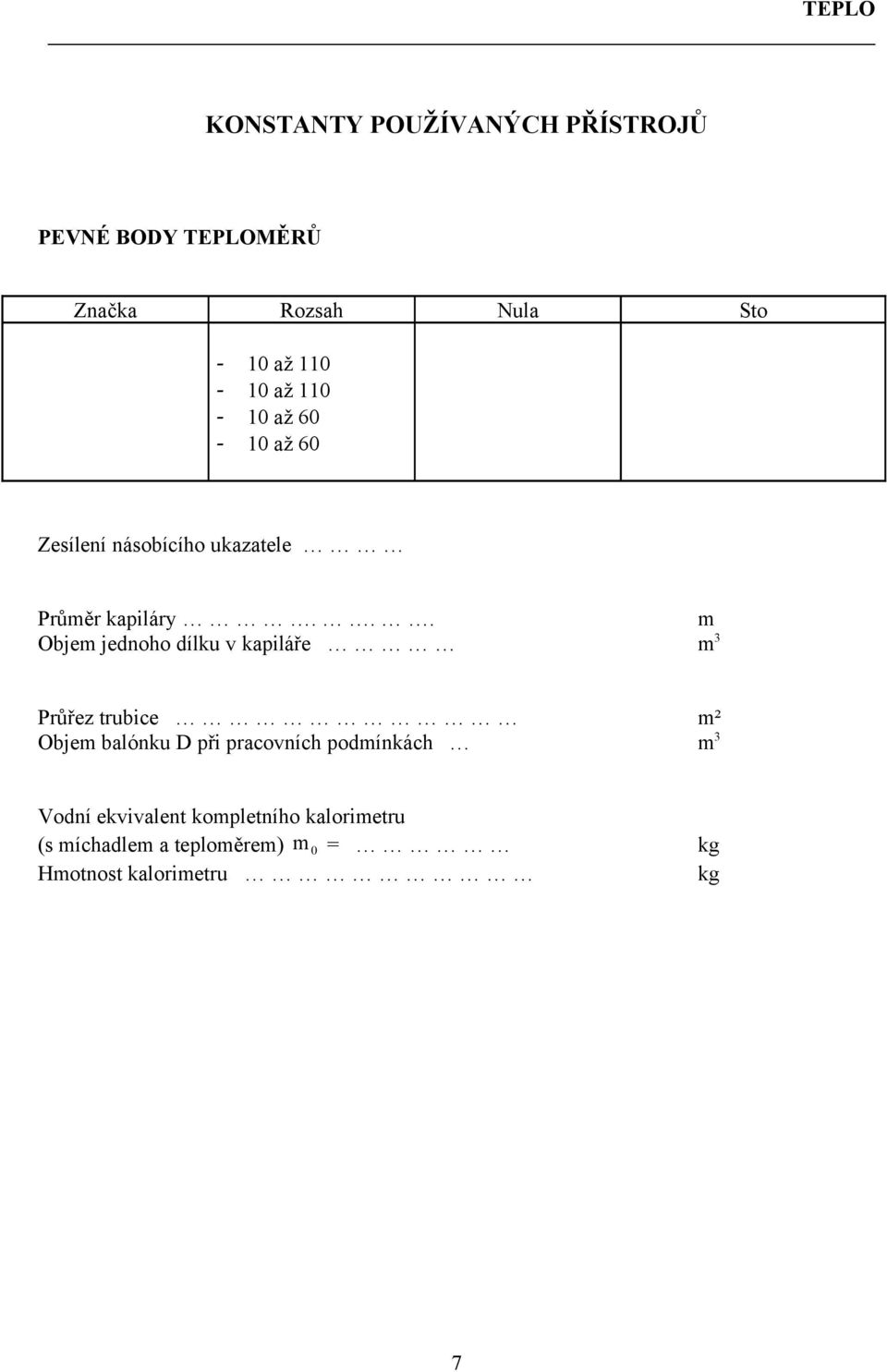 .. m Objem jednoho dílku v kapiláře m 3 Průřez trubice m² Objem balónku D při pracovních