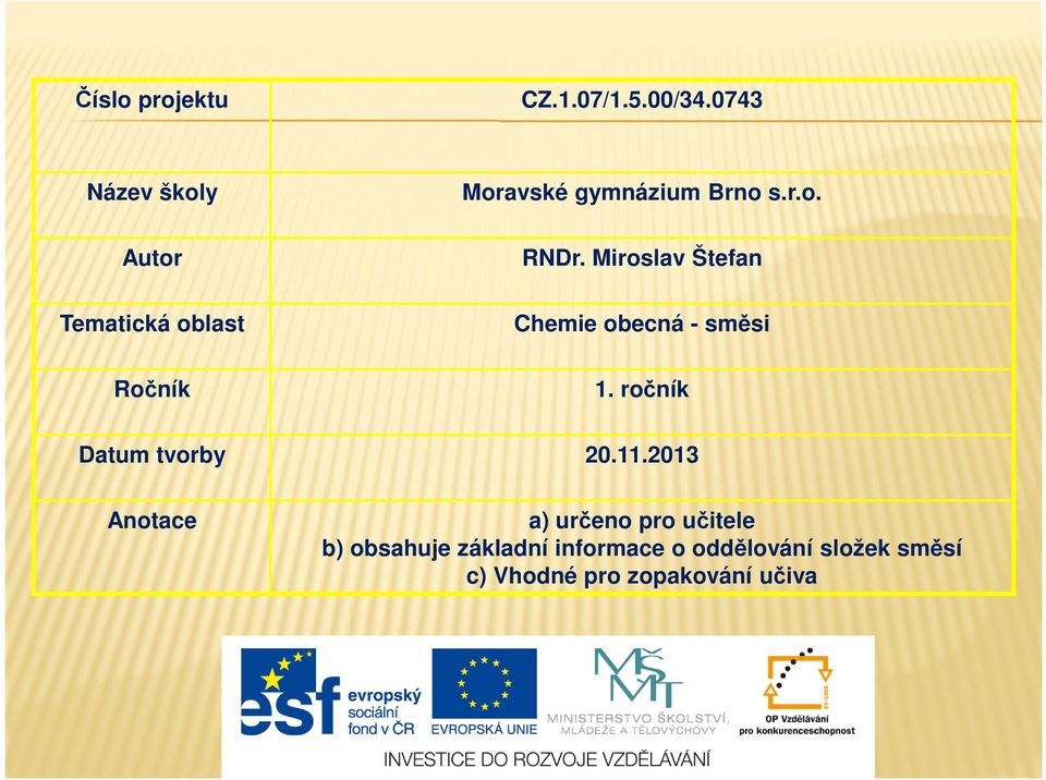 Miroslav Štefan Tematická oblast Chemie obecná - směsi Ročník 1.