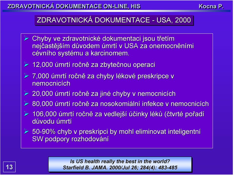 12,000 úmrtí ročně za zbytečnou operaci 7,000 úmrtí ročně za chyby lékové preskripce v nemocnicích 20,000 úmrtí ročně za jiné chyby v nemocnicích 80,000