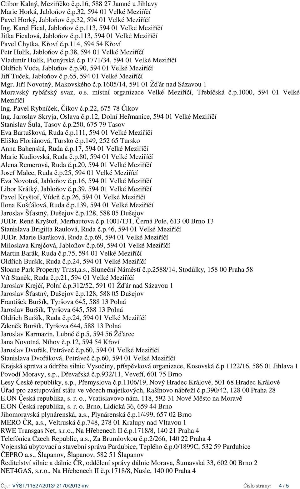 p.90, 594 01 Velké Meziříčí Jiří Tuček, Jabloňov č.p.65, 594 01 Velké Meziříčí Mgr. Jiří Novotný, Makovského č.p.1605/14, 591 01 Žďár nad Sázavou 1 Moravský rybářský svaz, o.s. místní organizace Velké Meziříčí, Třebíčská č.