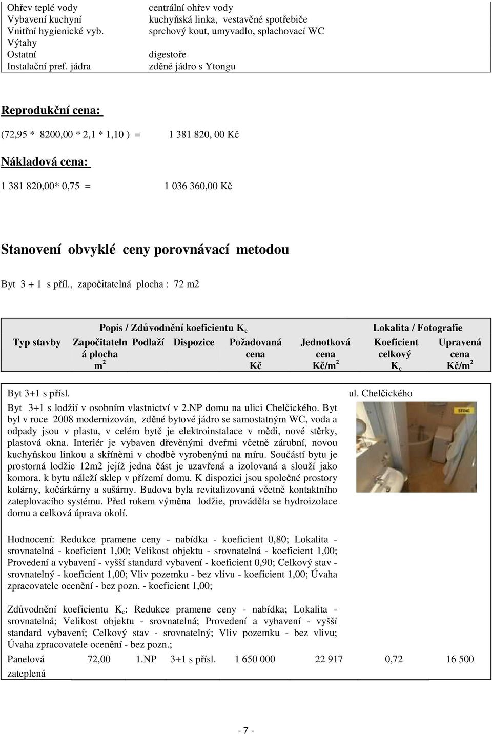 00 Kč Nákladová cena: 1 381 820,00* 0,75 = 1 036 360,00 Kč Stanovení obvyklé ceny porovnávací metodou Byt 3 + 1 s příl.