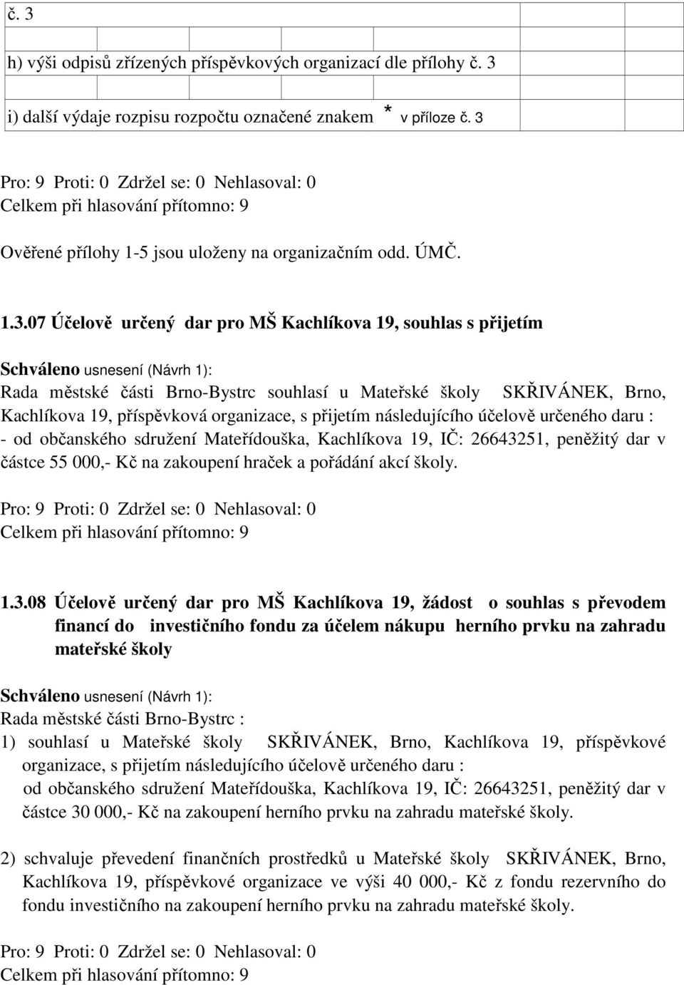 následujícího účelově určeného daru : - od občanského sdružení Mateřídouška, Kachlíkova 19, IČ: 266432