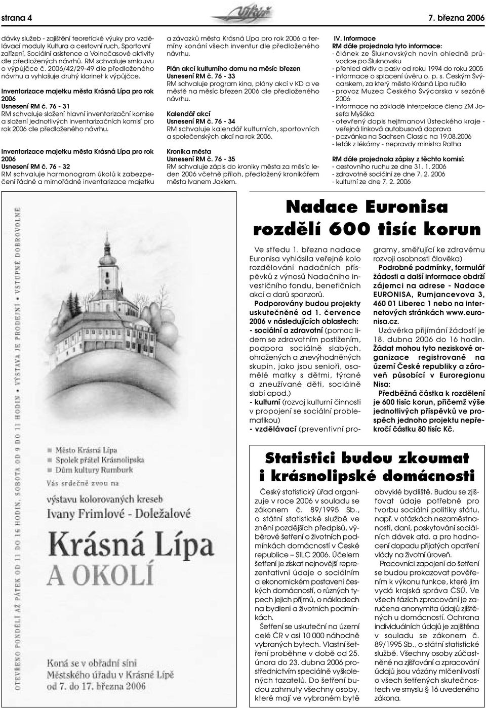 RM schvaluje smlouvu o v pûjãce ã. 2006/42/29-49 dle pfiedloïeného návrhu a vyhla uje druh klarinet k v pûjãce. Inventarizace majetku mûsta Krásná Lípa pro rok 2006 Usnesení RM ã.