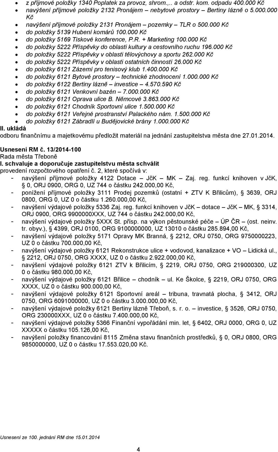 000 Kč do položky 5222 Příspěvky v oblasti tělovýchovy a sportu 262.000 Kč do položky 5222 Příspěvky v oblasti ostatních činností 26.000 Kč do položky 6121 Zázemí pro tenisový klub 1.400.