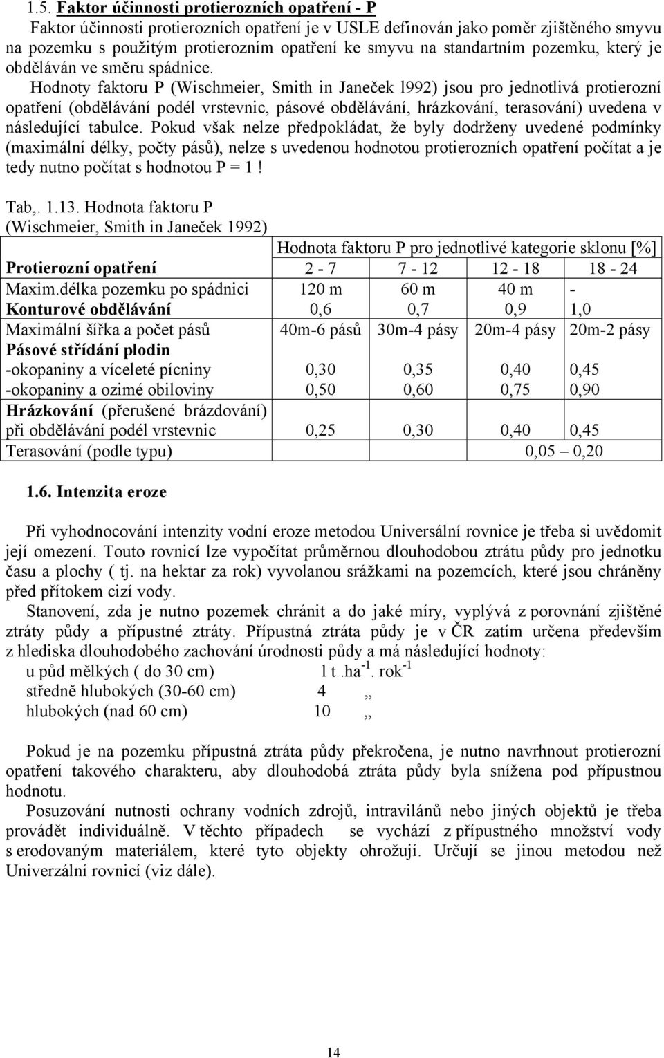 Hodnoty faktoru P (Wischmeier, Smith in Janeček l992) jsou pro jednotlivá protierozní opatření (obdělávání podél vrstevnic, pásové obdělávání, hrázkování, terasování) uvedena v následující tabulce.