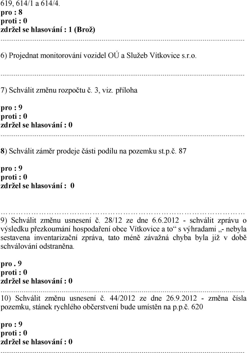 6.2012 - schválit zprávu o výsledku přezkoumání hospodaření obce Vítkovice a to s výhradami - nebyla sestavena inventarizační zpráva, tato méně závažná