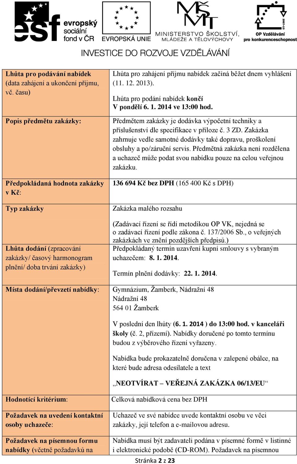 začíná běžet dnem vyhlášení (11. 12. 2013). Lhůta pro podání nabídek končí V pondělí 6. 1. 2014 ve 13:00 hod.