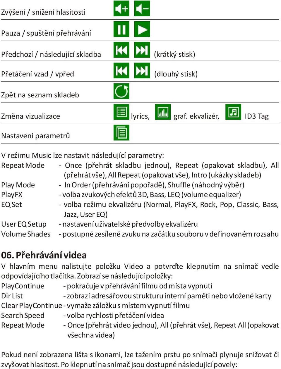 (opakovat vše), Intro (ukázky skladeb) Play Mode - In Order (pøehrávání popoøadì), Shuffle (náhodný výbìr) PlayFX - volba zvukových efektù 3D, Bass, LEQ (volume equalizer) EQ Set - volba režimu