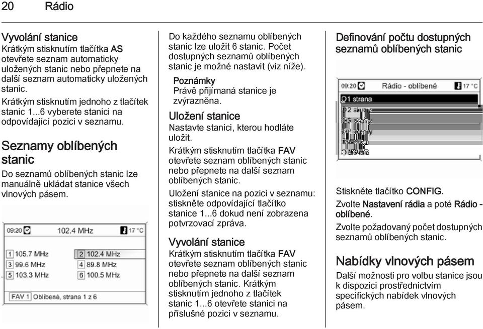 Seznamy oblíbených stanic Do seznamů oblíbených stanic lze manuálně ukládat stanice všech vlnových pásem. Do každého seznamu oblíbených stanic lze uložit 6 stanic.