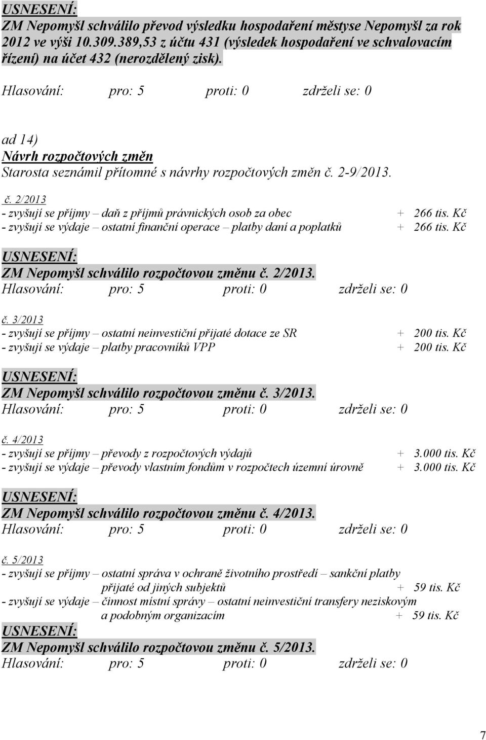 Kč - zvyšují se výdaje ostatní finanční operace platby daní a poplatků + 266 tis. Kč ZM Nepomyšl schválilo rozpočtovou změnu č.