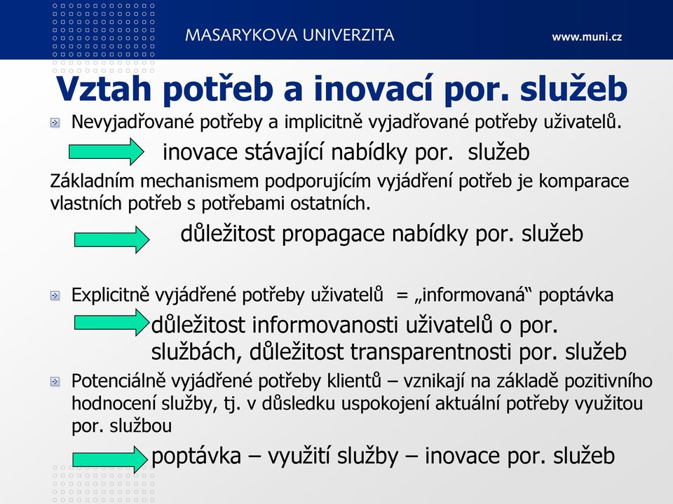 služeb Explicitně vyjádřené potřeby uživatelů = informovaná poptávka důležitost informovanosti uživatelů o por. službách, důležitost transparentnosti por.