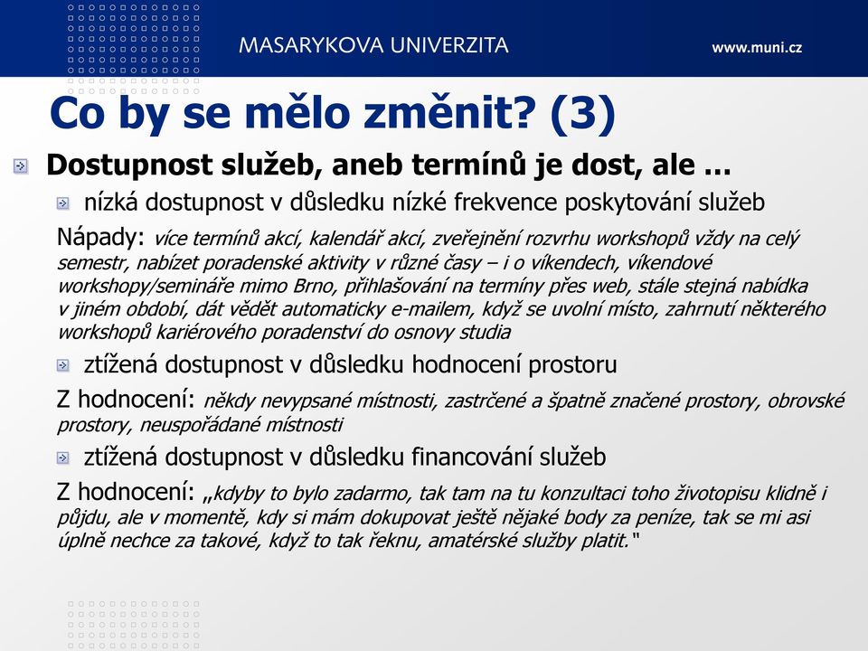 semestr, nabízet poradenské aktivity v různé časy i o víkendech, víkendové workshopy/semináře mimo Brno, přihlašování na termíny přes web, stále stejná nabídka v jiném období, dát vědět automaticky